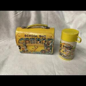 Walt Disney School Bus 1960s Metal Lunch Box with Thermos Aladdin Brand